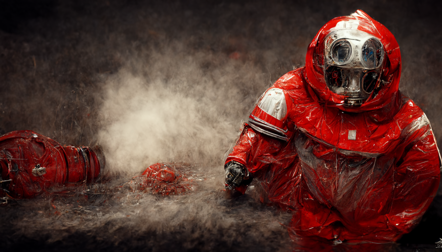 An futuristic, AI-generated, Fallout-like image of Brutus Buckeye in a Scarlet Hazmat Suit"