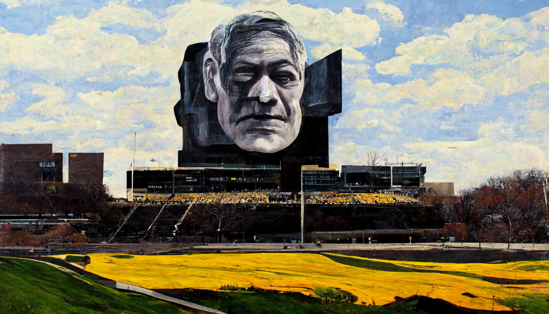 AI Image of Kirk Ferentz's giant head looming over Kinnick Stadium.