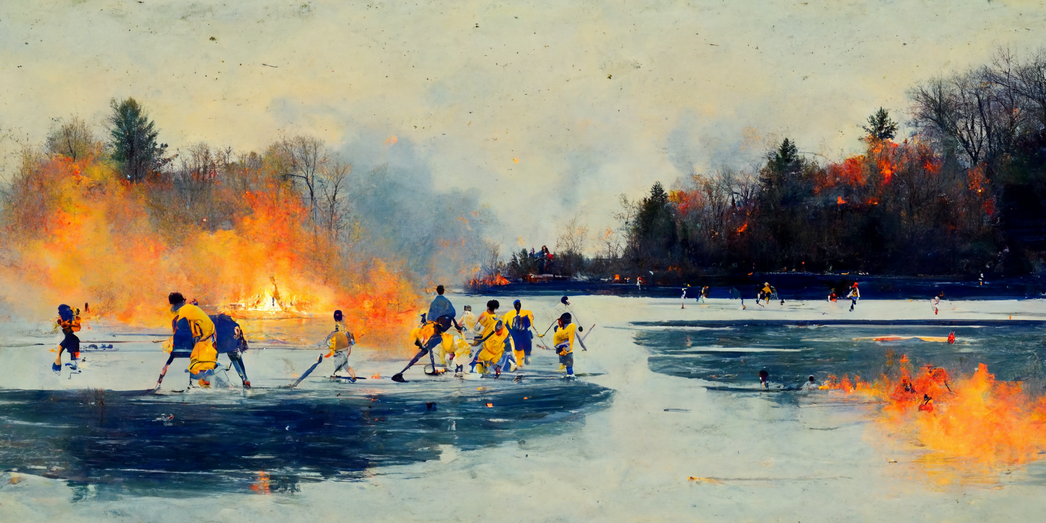 Blue’s News: Portrait of a Hockey Game Near a Lake on Fire