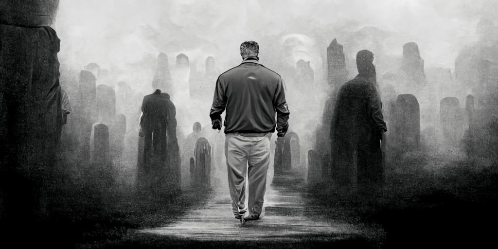 AI-generated image of Urban Meyer walking through the shadow of death.