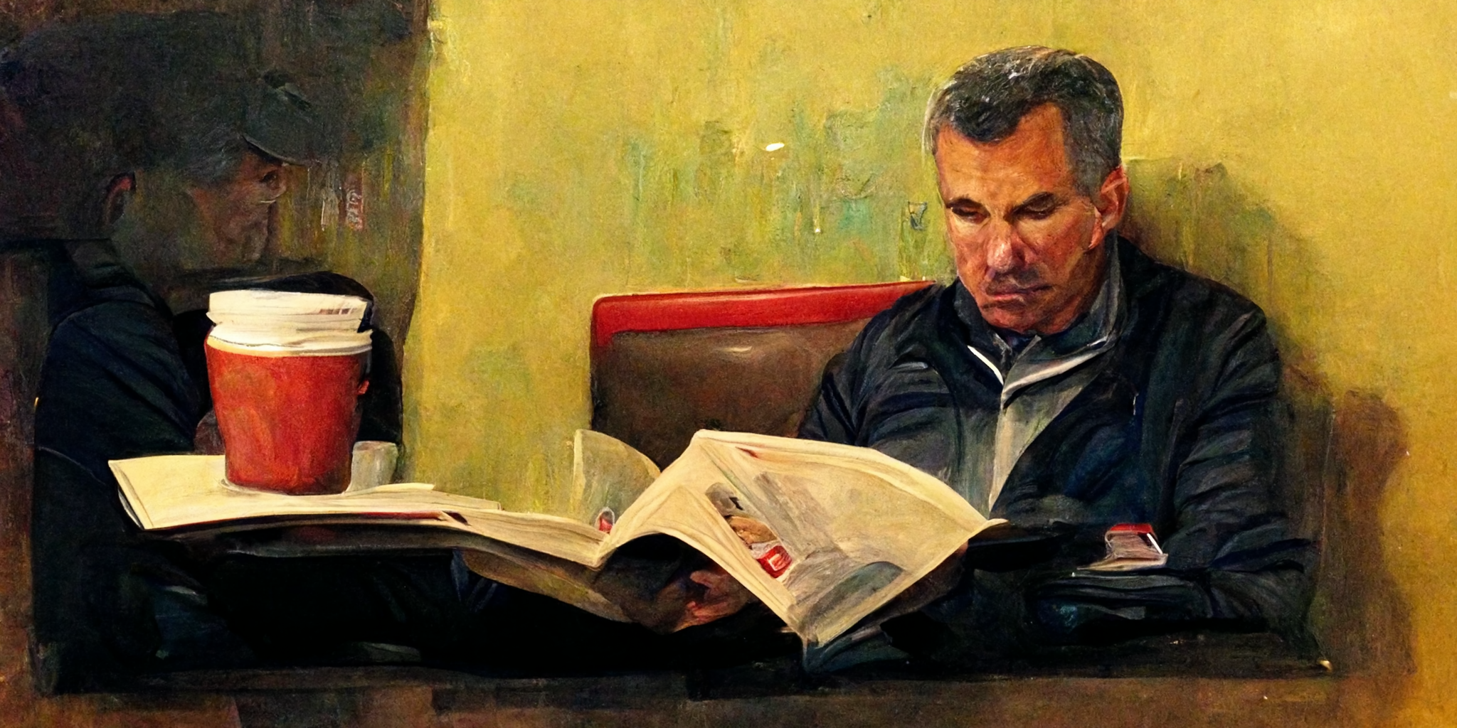 AI-generated image of Urban Meyer reading a book in a coffee shop