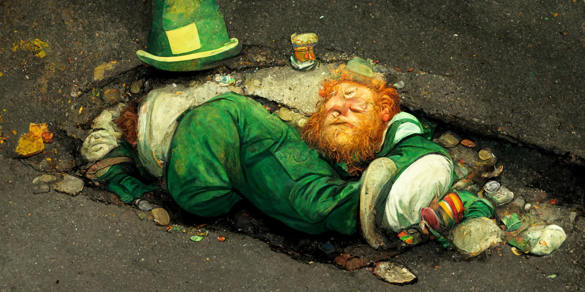 AI-generated image of a drunken leprechaun passed out in a gutter.