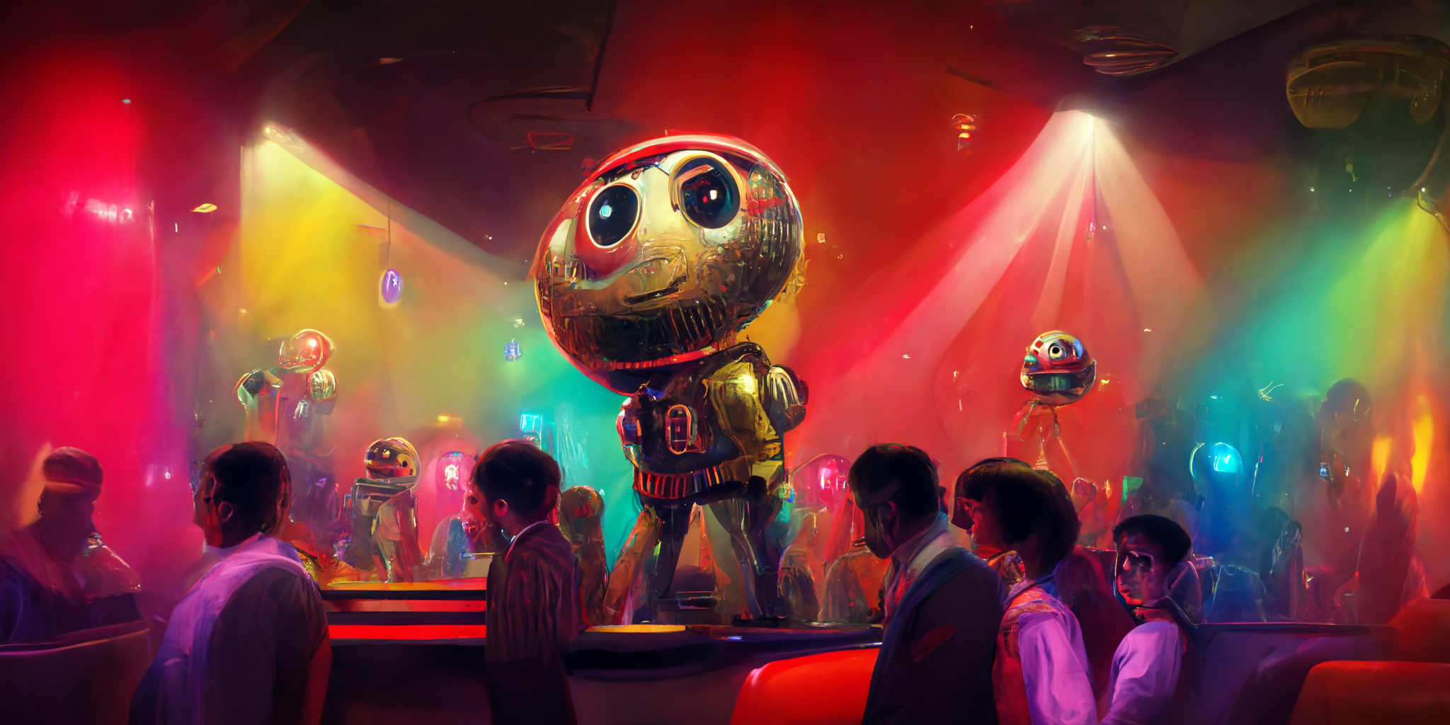 AI-generated image of Brutus Buckeye Dancing in a Disco Hall