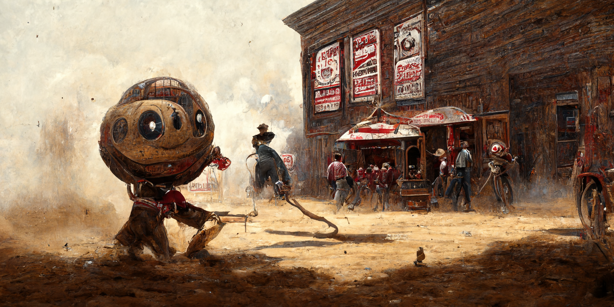 AI-generated image of Brutus Buckeye dueling outside a saloon