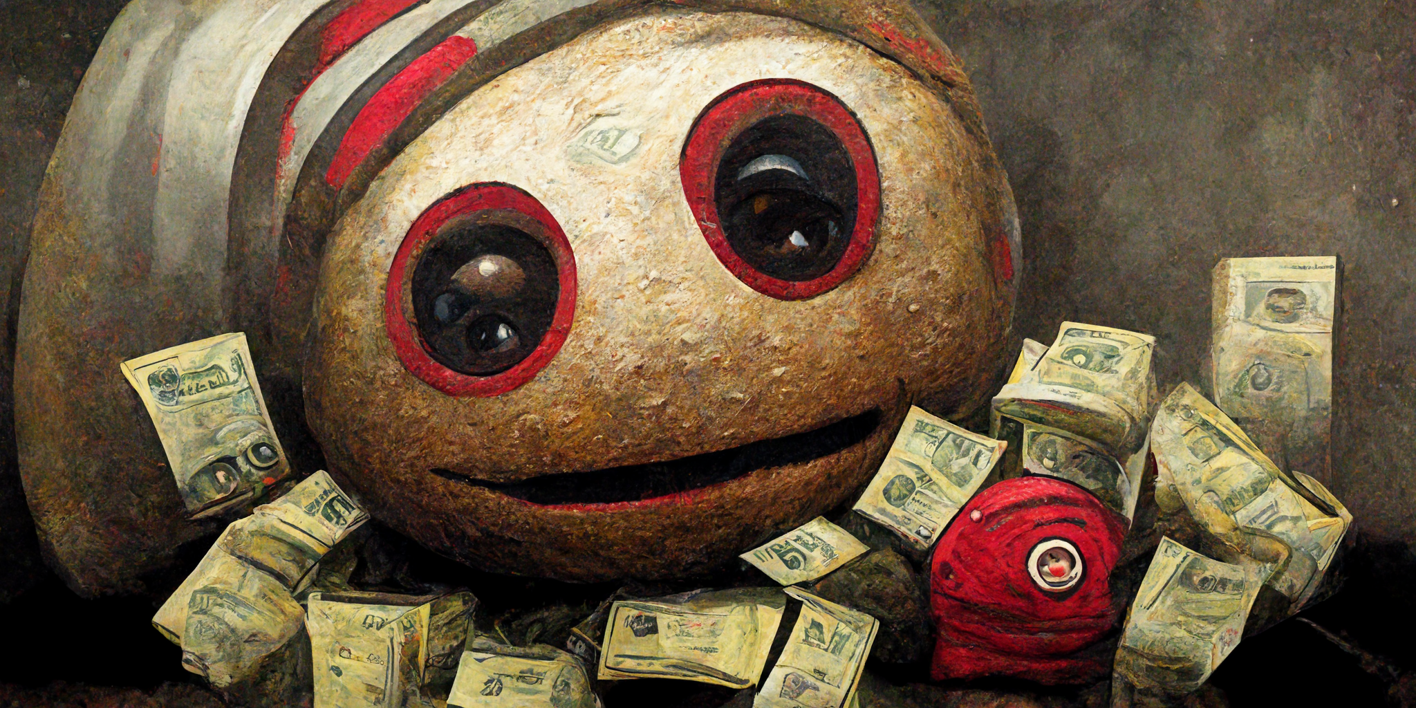 AI-generated image of Brutus Buckeye sitting on stacks of money.