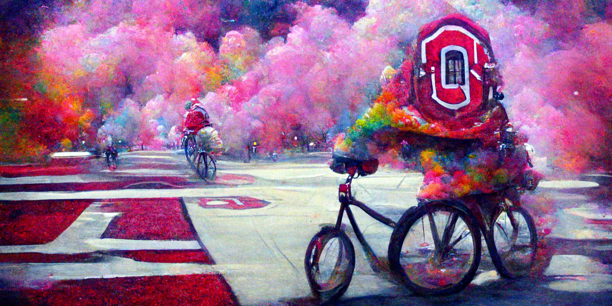 AI-generated image of Ohio State psychedelic bike ride