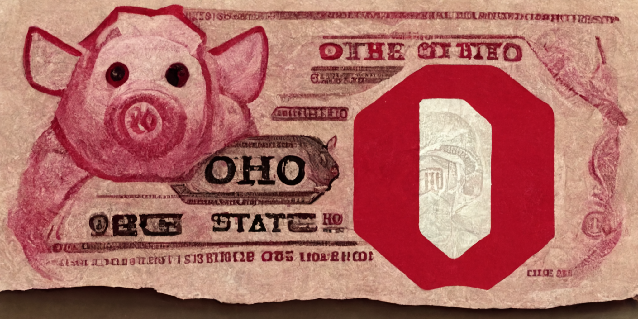 An AI-generated image of an Ohio State dollar bill with a pig and Block "O" to signify the Ohio State paypig faction