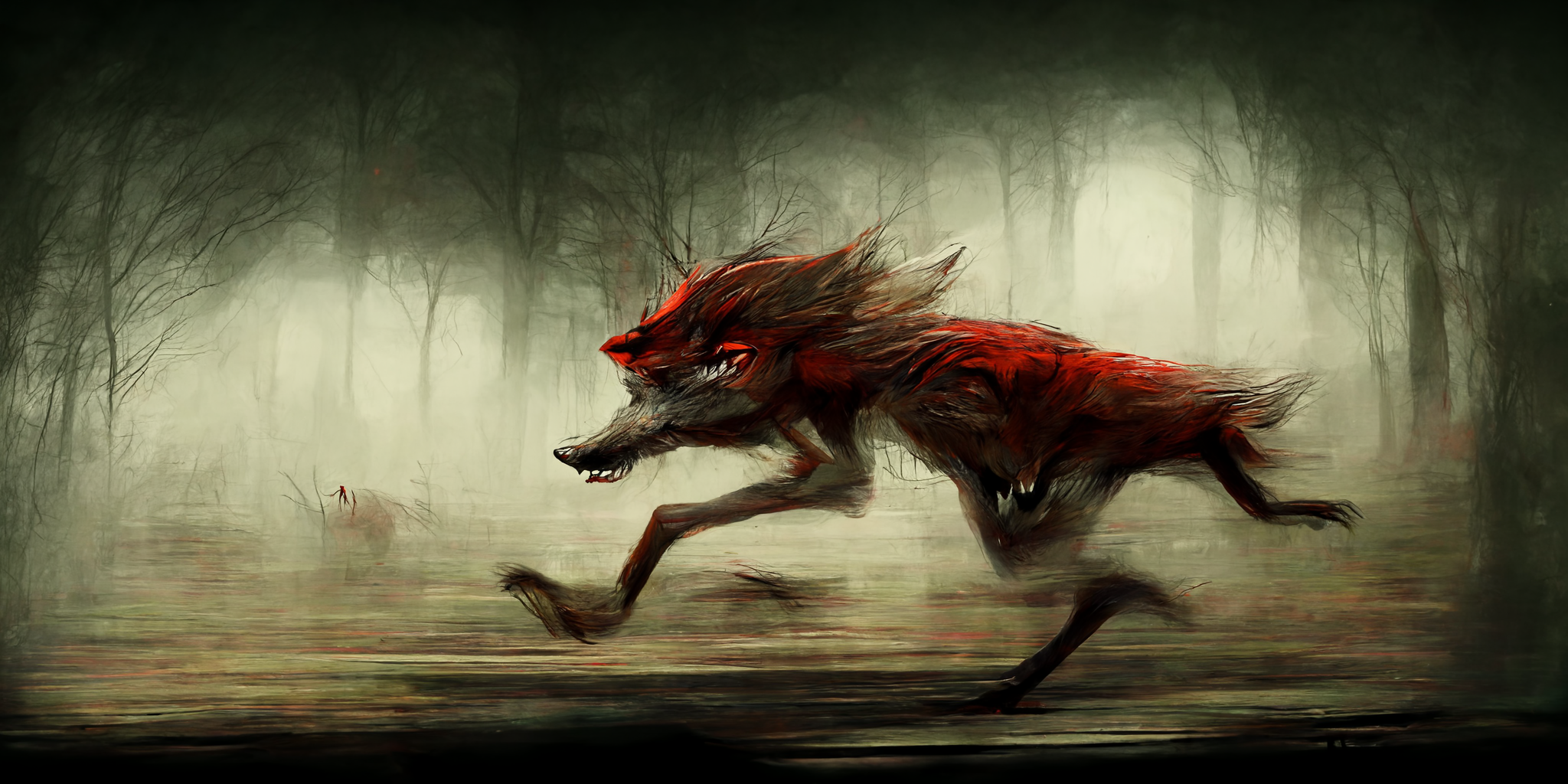 AI-generated image of a red wolf running in terror.