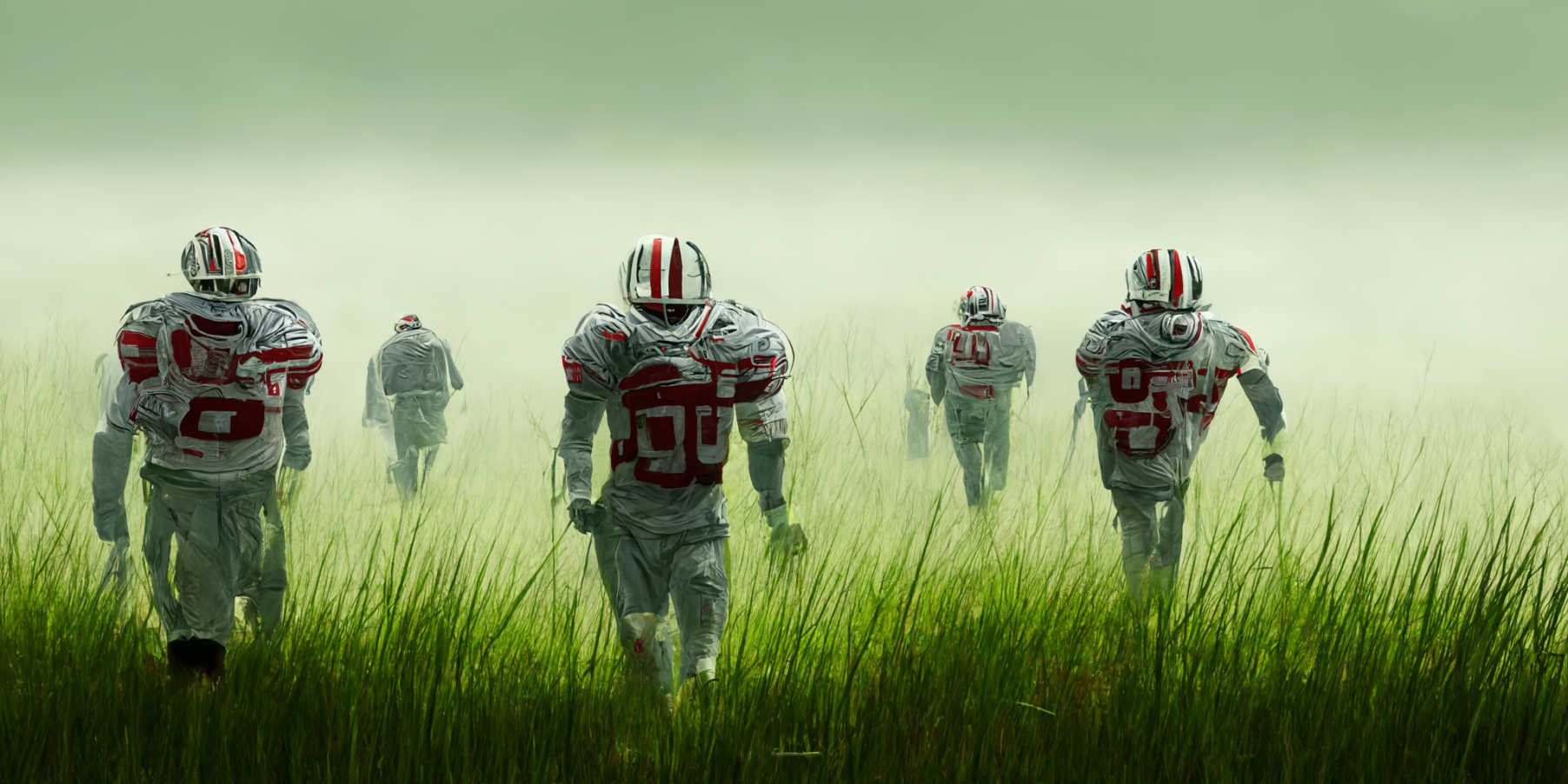 The Buckeyes are walking through the tall grass.