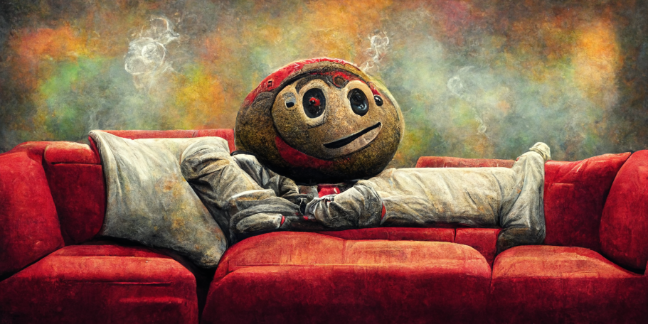 Brutus Buckeye getting high on a couch