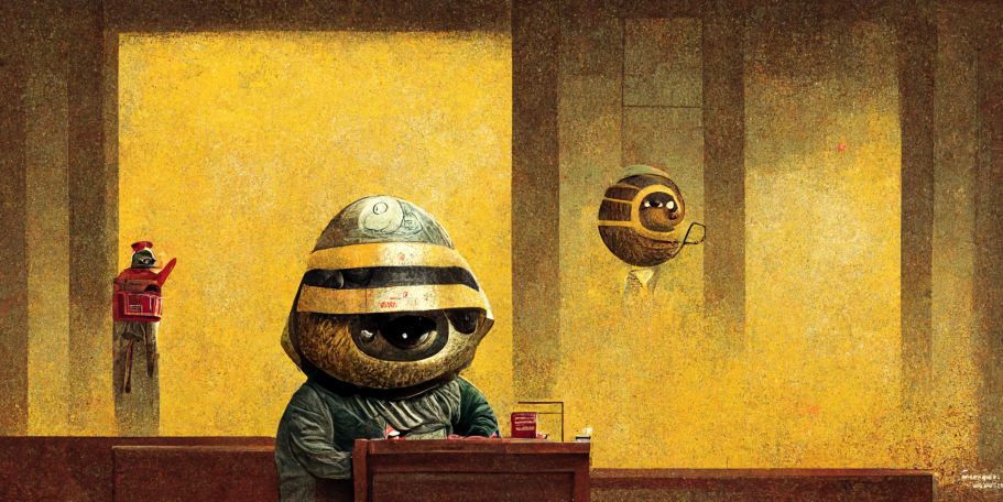 Brutus Buckeye robs a bank.